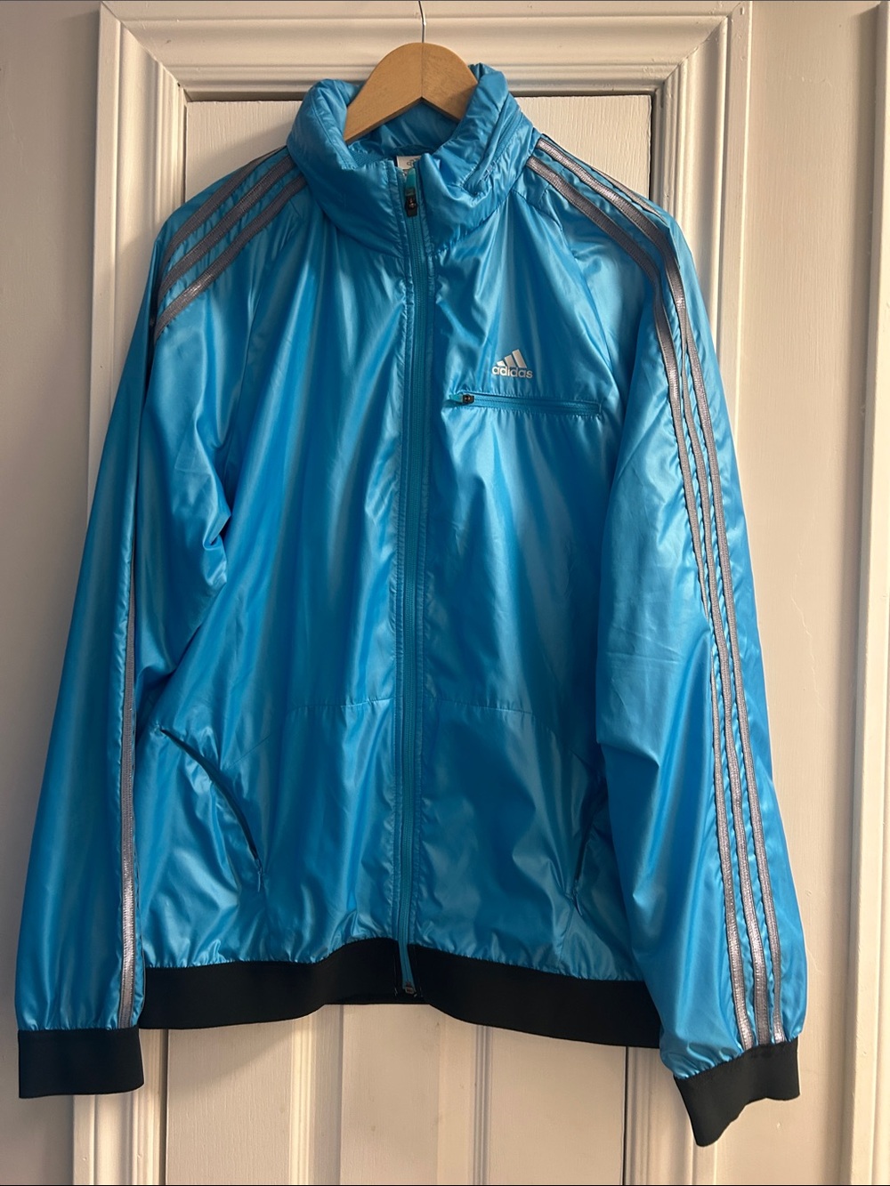 adidas Bright Blue Windbreaker Jacket with Silver Stripes